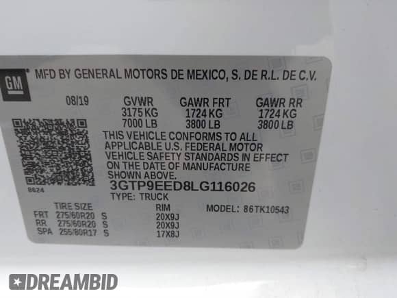 2020 GMC Sierra 1500 AT4 with VIN 3GTP9EED8LG116026, listed as a IAAI auction lot 41442971 with 68,963 mi miles and . Bid and sale history available at DreamBid. Image 9.