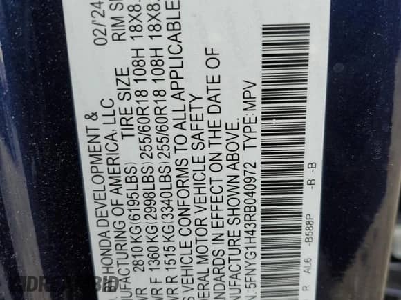 2024 Honda Pilot EX-L с VIN 5FNYG1H43RB040972, выставлен на аукционе Copart как лот 47807115 с пробегом 8 930 миль миль и Списание • Salvage title. История ставок и продаж доступна на DreamBid. Изображение 13.