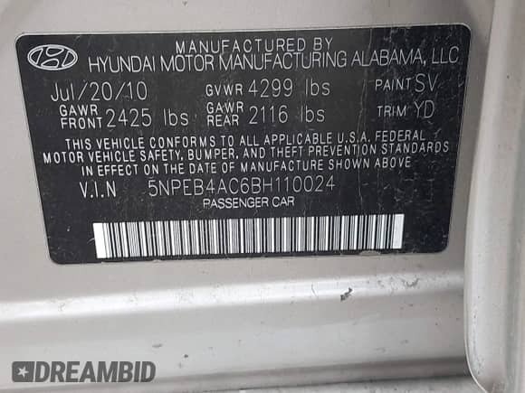 2011 Hyundai Sonata GLS with VIN 5NPEB4AC6BH110024, listed as a IAAI auction lot 42003487 with Not provided miles and . Bid and sale history available at DreamBid. Image 9.