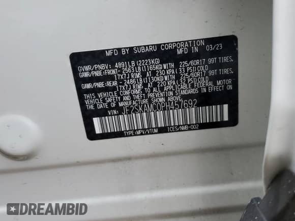 2023 Subaru Forester Wilderness с VIN JF2SKAMC0PH457692, выставлен на аукционе Copart как лот 42827335 с пробегом 15 644 миль миль и Списание • Salvage title. История ставок и продаж доступна на DreamBid. Изображение 14.