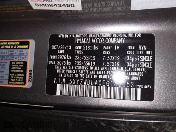 2014 Hyundai Santa Fe с VIN 5XYZWDLA0EG141153, выставлен на аукционе IAAI как лот 41944695 с пробегом 72 493 миль миль и . История ставок и продаж доступна на DreamBid. Изображение 9.