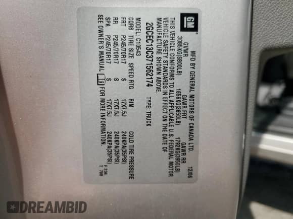 2007 Chevrolet Silverado 1500 Work Truck with VIN 2GCEC13C371562174, listed as a Copart auction lot 70697135 with 286,695 mi miles and Salvage title. Bid and sale history available at DreamBid. Image 12.