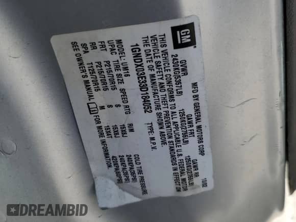 2003 Chevrolet Venture Y3G Mobility с VIN 1GNDX03E33D184052, выставлен на аукционе Copart как лот 54828095 с пробегом 255 508 миль миль и На запчасти • Non repairable. История ставок и продаж доступна на DreamBid. Изображение 13.