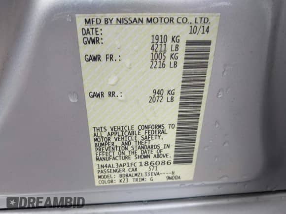 2015 Nissan Altima S z VIN 1N4AL3AP1FC186086, wystawiony jako IAAI lot #43347933 z przebiegiem 143 688 mil mil oraz . Historia ofert i sprzedaży dostępna na DreamBid. Obrazek 9.