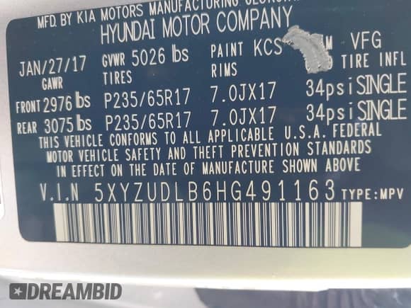 2017 Hyundai Santa Fe 2.4L with VIN 5XYZUDLB6HG491163, listed as a IAAI auction lot 42729584 with 91,606 mi miles and . Bid and sale history available at DreamBid. Image 9.