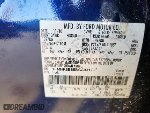 2011 Ford Explorer with VIN 1FMHK8B85BGA03173, listed as a Copart auction lot 62155705 with 225,085 mi miles and Salvage title. Bid and sale history available at DreamBid. Image 13.