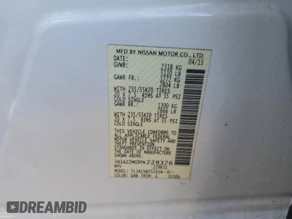 2015 Nissan Murano SL with VIN 5N1AZ2MG9FN229376, listed as a Copart auction lot 83938375 with 190,740 mi miles and Salvage title. Bid and sale history available at DreamBid. Image 12.