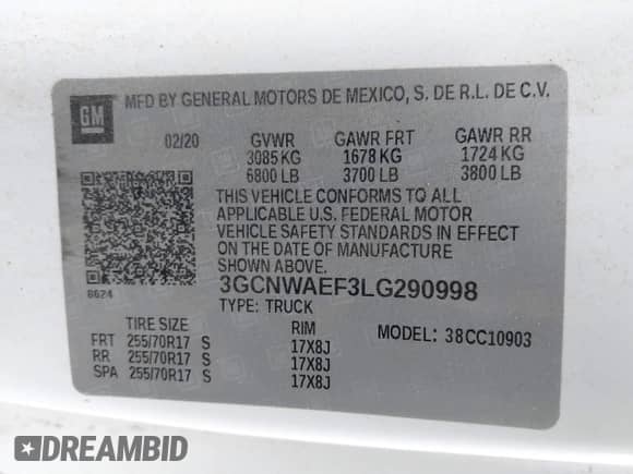 2020 Chevrolet Silverado 1500 Work Truck with VIN 3GCNWAEF3LG290998, listed as a IAAI auction lot 41350711 with 81,856 mi miles and . Bid and sale history available at DreamBid. Image 9.