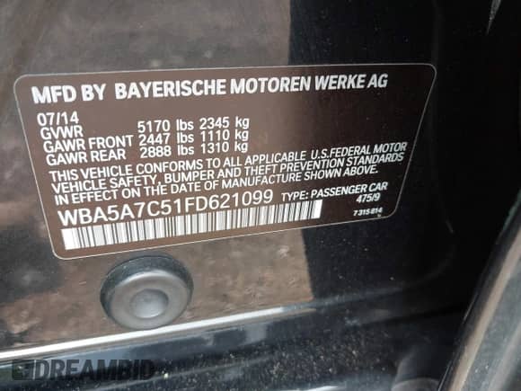 2015 BMW 5 Series 528i xDrive with VIN WBA5A7C51FD621099, listed as a IAAI auction lot 42967970 with 148,318 mi miles and . Bid and sale history available at DreamBid. Image 9.