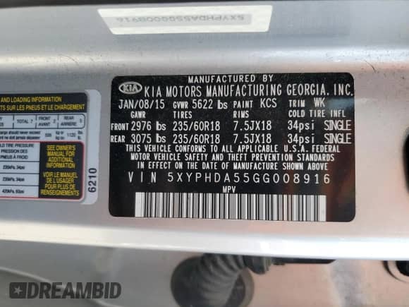 2016 Kia Sorento EX z VIN 5XYPHDA55GG008916, wystawiony jako Copart lot #81569785 z przebiegiem Nie podano mil oraz Szkoda całkowita • Salvage title. Historia ofert i sprzedaży dostępna na DreamBid. Obrazek 12.