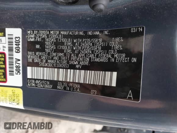 2014 Toyota Sienna LE z VIN 5TDJK3DC1ES082653, wystawiony jako IAAI lot #42594632 z przebiegiem 186 392 mil mil oraz . Historia ofert i sprzedaży dostępna na DreamBid. Obrazek 9.