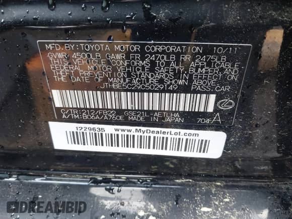 2012 Lexus IS 350 z VIN JTHBE5C29C5029149, wystawiony jako IAAI lot #42144780 z przebiegiem 94 672 mil mil oraz . Historia ofert i sprzedaży dostępna na DreamBid. Obrazek 9.