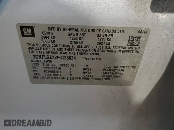 2015 Chevrolet Equinox LT with VIN 2GNFLGE32F6128034, listed as a Copart auction lot 67254705 with 117,368 mi miles and Clean title. Bid and sale history available at DreamBid. Image 12.