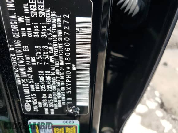 2016 Kia Sorento EX z VIN 5XYPHDA18GG007272, wystawiony jako Copart lot #63076005 z przebiegiem 58 163 mil mil oraz Szkoda całkowita • Salvage title. Historia ofert i sprzedaży dostępna na DreamBid. Obrazek 13.