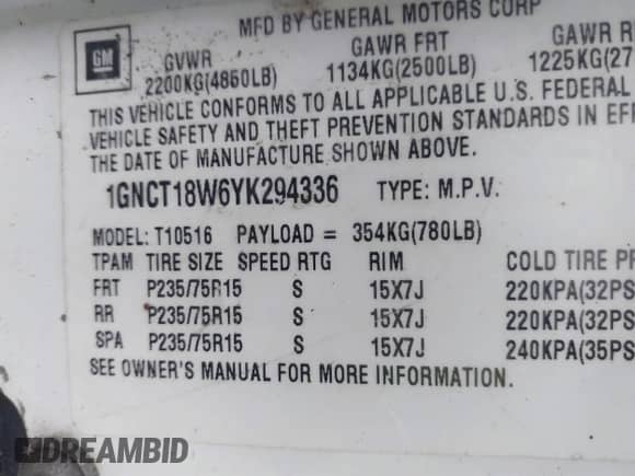 2000 Chevrolet Blazer LS с VIN 1GNCT18W6YK294336, выставлен на аукционе IAAI как лот 41337457 с пробегом 239 294 миль миль и . История ставок и продаж доступна на DreamBid. Изображение 9.