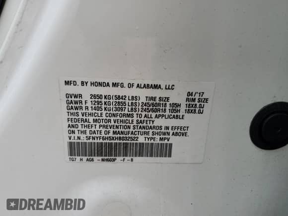 2017 Honda Pilot EX-L with VIN 5FNYF6H5XHB032522, listed as a Copart auction lot 80847775 with 96,272 mi miles and Salvage title. Bid and sale history available at DreamBid. Image 13.