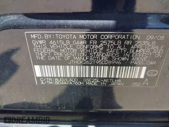 2009 Lexus IS 250 z VIN JTHCK262195028996, wystawiony jako IAAI lot #42432660 z przebiegiem 166 558 mil mil oraz . Historia ofert i sprzedaży dostępna na DreamBid. Obrazek 9.