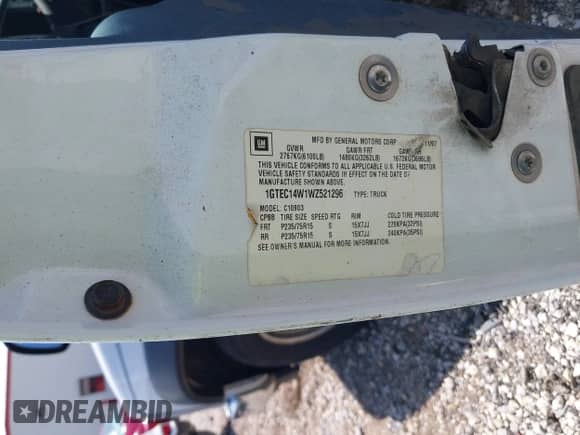 1998 GMC Sierra 1500 with VIN 1GTEC14W1WZ521296, listed as a IAAI auction lot 42232035 with 198,485 mi miles and . Bid and sale history available at DreamBid. Image 9.