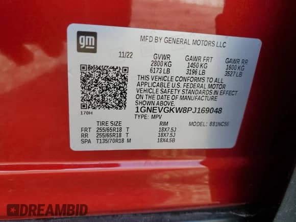 2023 Chevrolet Traverse LT Cloth with VIN 1GNEVGKW8PJ169048, listed as a Copart auction lot 61442005 with 93,865 mi miles and Salvage title. Bid and sale history available at DreamBid. Image 13.