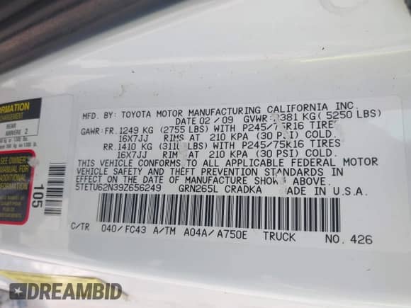 2009 Toyota Tacoma PreRunner с VIN 5TETU62N39Z656249, выставлен на аукционе IAAI как лот 42601015 с пробегом 159 304 миль миль и . История ставок и продаж доступна на DreamBid. Изображение 9.
