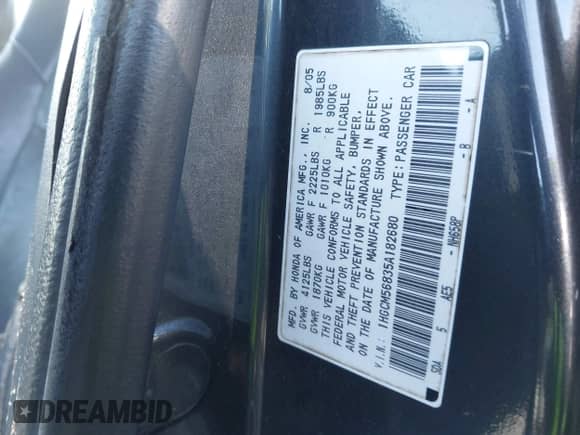 2005 Honda Accord EX-L with VIN 1HGCM56835A182680, listed as a IAAI auction lot 43444718 with 236,660 mi miles and . Bid and sale history available at DreamBid. Image 9.