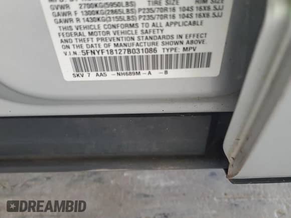 2007 Honda Pilot LX с VIN 5FNYF18127B031086, выставлен на аукционе Copart как лот 84620405 с пробегом 169 022 миль миль и Списание • Salvage title. История ставок и продаж доступна на DreamBid. Изображение 13.