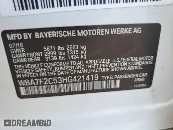 2017 BMW 7 Series ALPINA B7 xDrive with VIN WBA7F2C53HG421419, listed as a Copart auction lot 66275035 with Not provided miles and Salvage title. Bid and sale history available at DreamBid. Image 12.