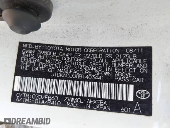 2011 Toyota Prius I with VIN JTDKN3DU8B1403441, listed as a IAAI auction lot 43126297 with 75,154 mi miles and . Bid and sale history available at DreamBid. Image 9.