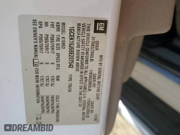 2008 Chevrolet Silverado 1500 1LT с VIN 1GCEK19J68E207542, выставлен на аукционе Copart как лот 83440554 с пробегом Не указан миль и На запчасти • Non repairable. История ставок и продаж доступна на DreamBid. Изображение 14.