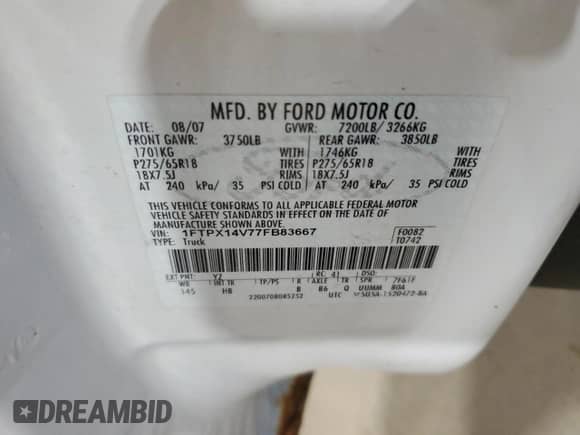 2007 Ford F-150 XLT с VIN 1FTPX14V77FB83667, выставлен на аукционе Copart как лот 71384885 с пробегом 229 183 миль миль и Списание • Salvage title. История ставок и продаж доступна на DreamBid. Изображение 12.