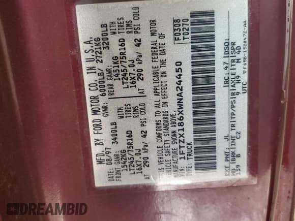 1998 Ford F-150 с VIN 1FTZX186XWNA24450, выставлен на аукционе Copart как лот 85858725 с пробегом 163 158 миль миль и Списание • Salvage title. История ставок и продаж доступна на DreamBid. Изображение 12.