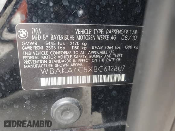 2011 BMW 7 Series 740i с VIN WBAKA4C5XBC612807, выставлен на аукционе Copart как лот 81424114 с пробегом Не указан миль и Чистый • Clean title. История ставок и продаж доступна на DreamBid. Изображение 12.