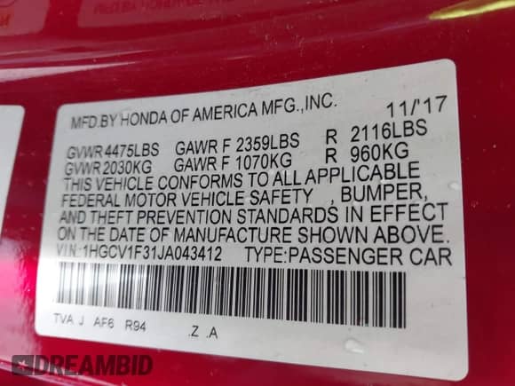 2018 Honda Accord Sport with VIN 1HGCV1F31JA043412, listed as a IAAI auction lot 43347074 with 220,631 mi miles and . Bid and sale history available at DreamBid. Image 9.