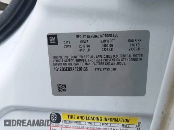 2010 Chevrolet Malibu 2LT z VIN 1G1ZD5EBXAF226136, wystawiony jako IAAI lot #42732524 z przebiegiem 126 854 mil mil oraz . Historia ofert i sprzedaży dostępna na DreamBid. Obrazek 9.