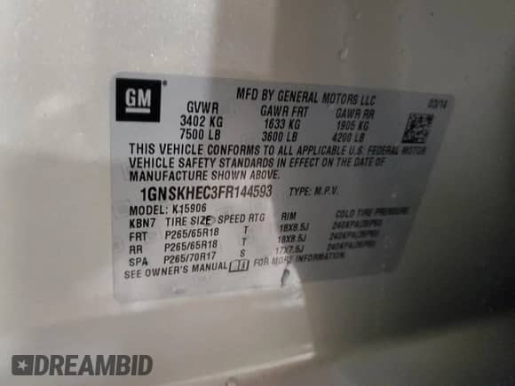 2015 Chevrolet Suburban с VIN 1GNSKHEC3FR144593, выставлен на аукционе Copart как лот 81894024 с пробегом 81 270 миль миль и Списание • Salvage title. История ставок и продаж доступна на DreamBid. Изображение 13.