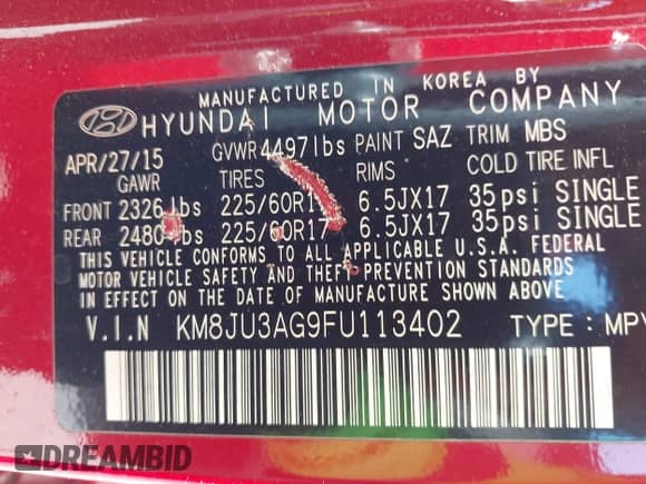 2015 Hyundai Tucson Limited z VIN KM8JU3AG9FU113402, wystawiony jako IAAI lot #42703764 z przebiegiem 41 620 mil mil oraz . Historia ofert i sprzedaży dostępna na DreamBid. Obrazek 9.