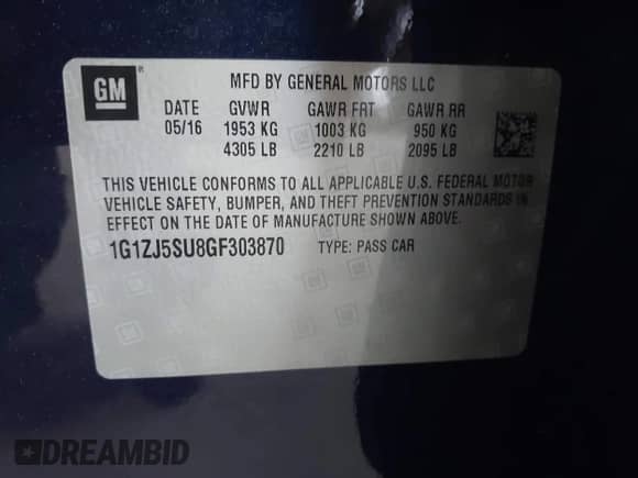 2016 Chevrolet Malibu Hybrid с VIN 1G1ZJ5SU8GF303870, выставлен на аукционе IAAI как лот 42630204 с пробегом 141 166 миль миль и . История ставок и продаж доступна на DreamBid. Изображение 9.