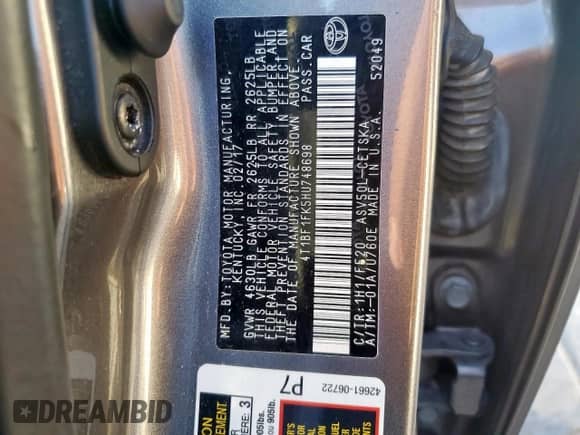 2017 Toyota Camry XLE с VIN 4T1BF1FK5HU748698, выставлен на аукционе Copart как лот 71253405 с пробегом 120 022 миль миль и Списание • Salvage title. История ставок и продаж доступна на DreamBid. Изображение 12.