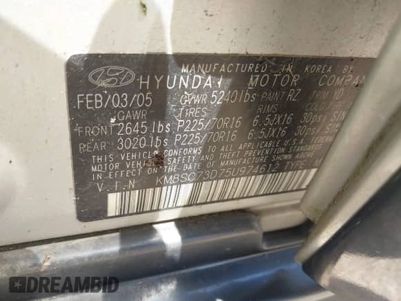 2005 Hyundai Santa Fe GLS z VIN KM8SC73D75U974612, wystawiony jako IAAI lot #42687027 z przebiegiem 187 251 mil mil oraz . Historia ofert i sprzedaży dostępna na DreamBid. Obrazek 9.