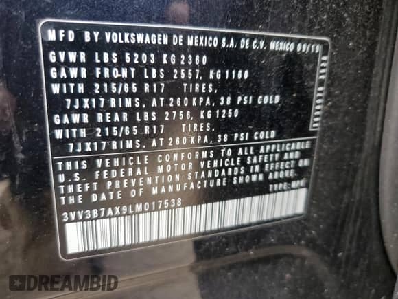 2020 Volkswagen Tiguan SE с VIN 3VV3B7AX9LM017538, выставлен на аукционе Copart как лот 71480935 с пробегом 87 200 миль миль и Списание • Salvage title. История ставок и продаж доступна на DreamBid. Изображение 13.