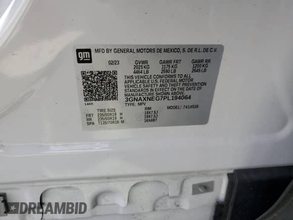 2023 Chevrolet Equinox Premier with VIN 3GNAXNEG7PL194064, listed as a Copart auction lot 64339555 with 21,615 mi miles and Salvage title. Bid and sale history available at DreamBid. Image 13.