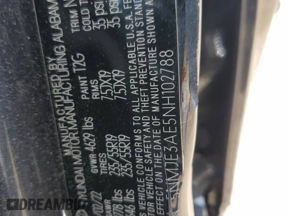 2022 Hyundai Tucson Limited with VIN 5NMJE3AE5NH102788, listed as a Copart auction lot 64187085 with 89,912 mi miles and Salvage title. Bid and sale history available at DreamBid. Image 13.