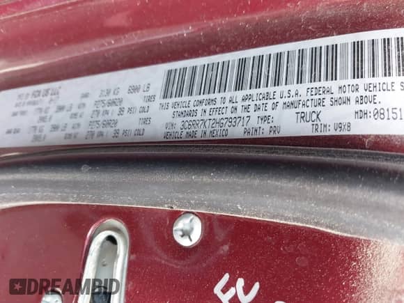 2017 Ram 1500 Express with VIN 3C6RR7KT2HG793717, listed as a IAAI auction lot 41811818 with Not provided miles and . Bid and sale history available at DreamBid. Image 9.