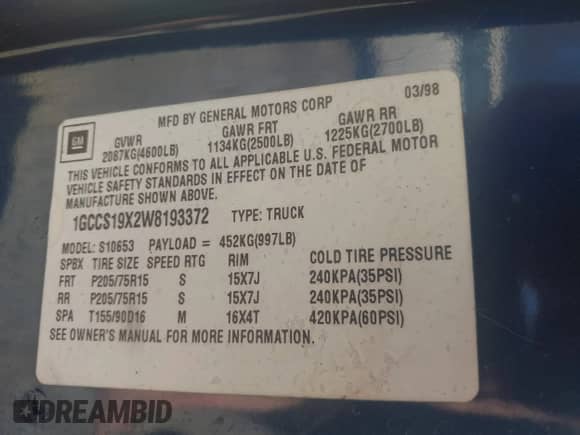 1998 Chevrolet S-10 LS с VIN 1GCCS19X2W8193372, выставлен на аукционе IAAI как лот 41816191 с пробегом 209 766 миль миль и . История ставок и продаж доступна на DreamBid. Изображение 9.