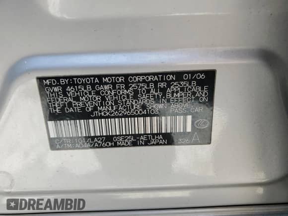 2006 Lexus IS 250 with VIN JTHCK262965004103, listed as a Copart auction lot 59320495 with 121,722 mi miles and Salvage title. Bid and sale history available at DreamBid. Image 13.