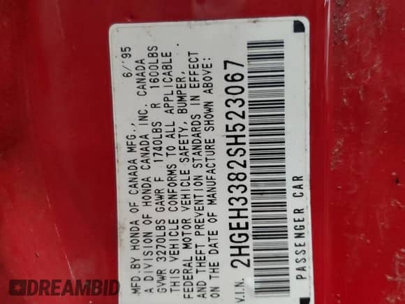 1995 Honda Civic с VIN 2HGEH3382SH523067, выставлен на аукционе Copart как лот 57916325 с пробегом 254 937 миль миль и Чистый • Clean title. История ставок и продаж доступна на DreamBid. Изображение 13.