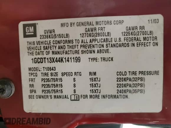 2004 Chevrolet S-10 LS z VIN 1GCDT13X44K141199, wystawiony jako Copart lot #63681715 z przebiegiem 125 327 mil mil oraz Szkoda całkowita • Salvage title. Historia ofert i sprzedaży dostępna na DreamBid. Obrazek 13.
