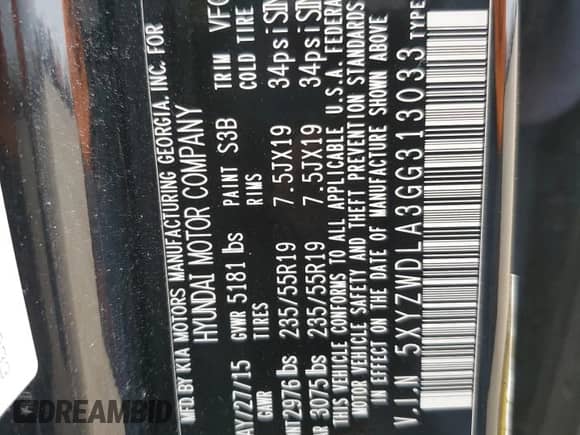 2016 Hyundai Santa Fe with VIN 5XYZWDLA3GG313033, listed as a Copart auction lot 81083655 with 114,235 mi miles and Salvage title. Bid and sale history available at DreamBid. Image 12.