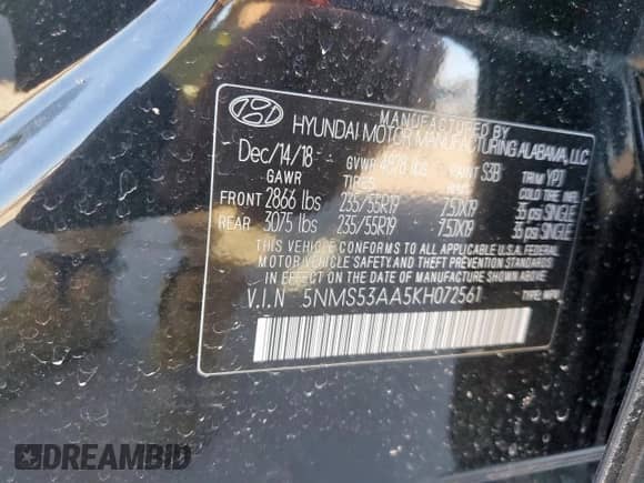 2019 Hyundai Santa Fe Limited z VIN 5NMS53AA5KH072561, wystawiony jako Copart lot #47858945 z przebiegiem 45 323 mil mil oraz Szkoda całkowita • Salvage title. Historia ofert i sprzedaży dostępna na DreamBid. Obrazek 14.