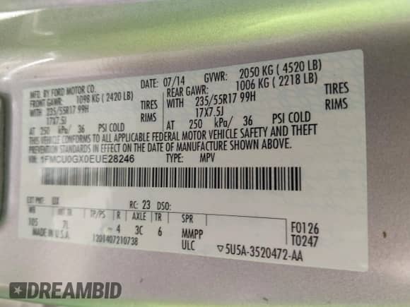 2014 Ford Escape SE with VIN 1FMCU0GX0EUE28246, listed as a IAAI auction lot 43418322 with 69,606 mi miles and . Bid and sale history available at DreamBid. Image 9.